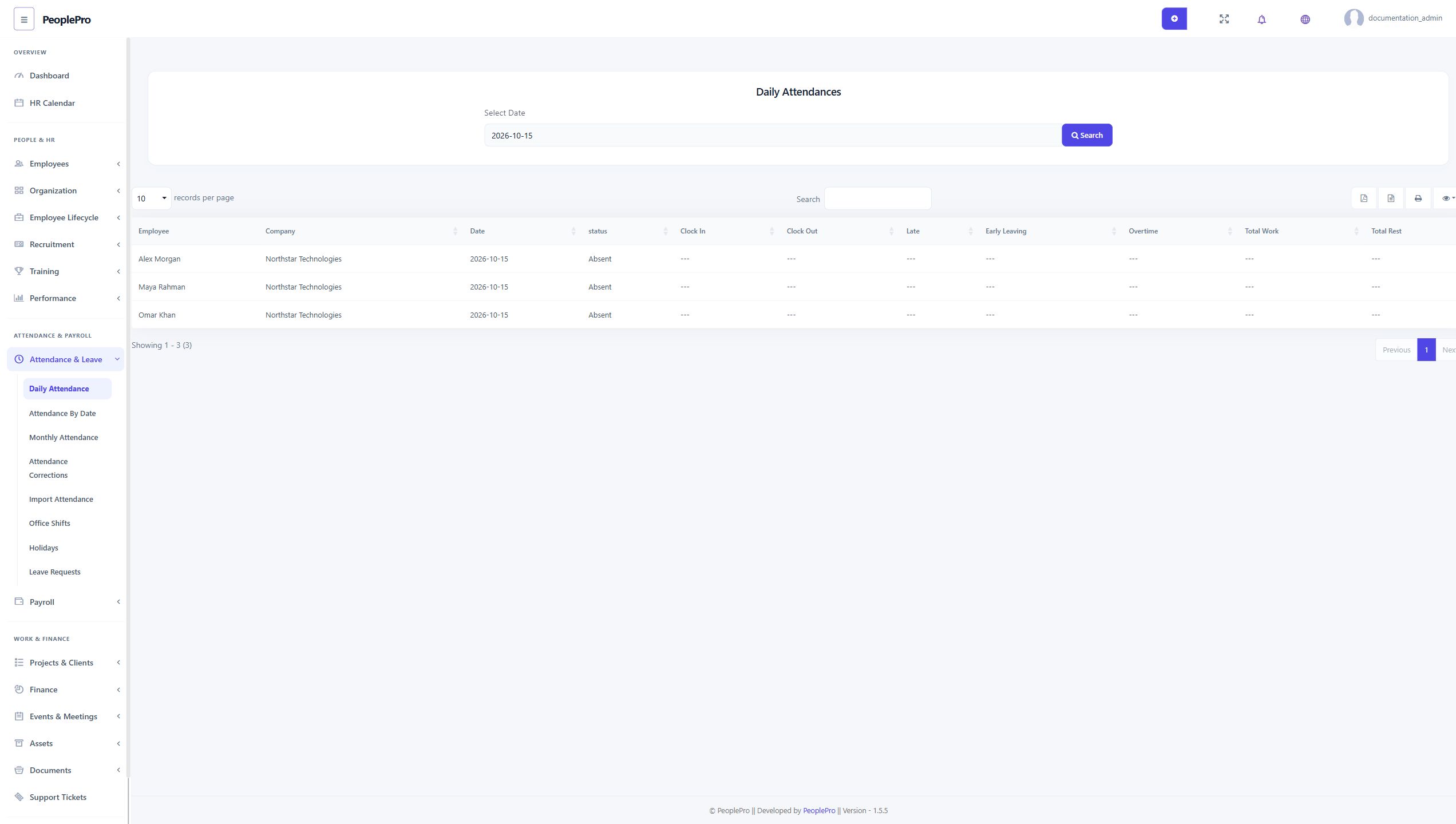 Attendance workspace preview with sample data