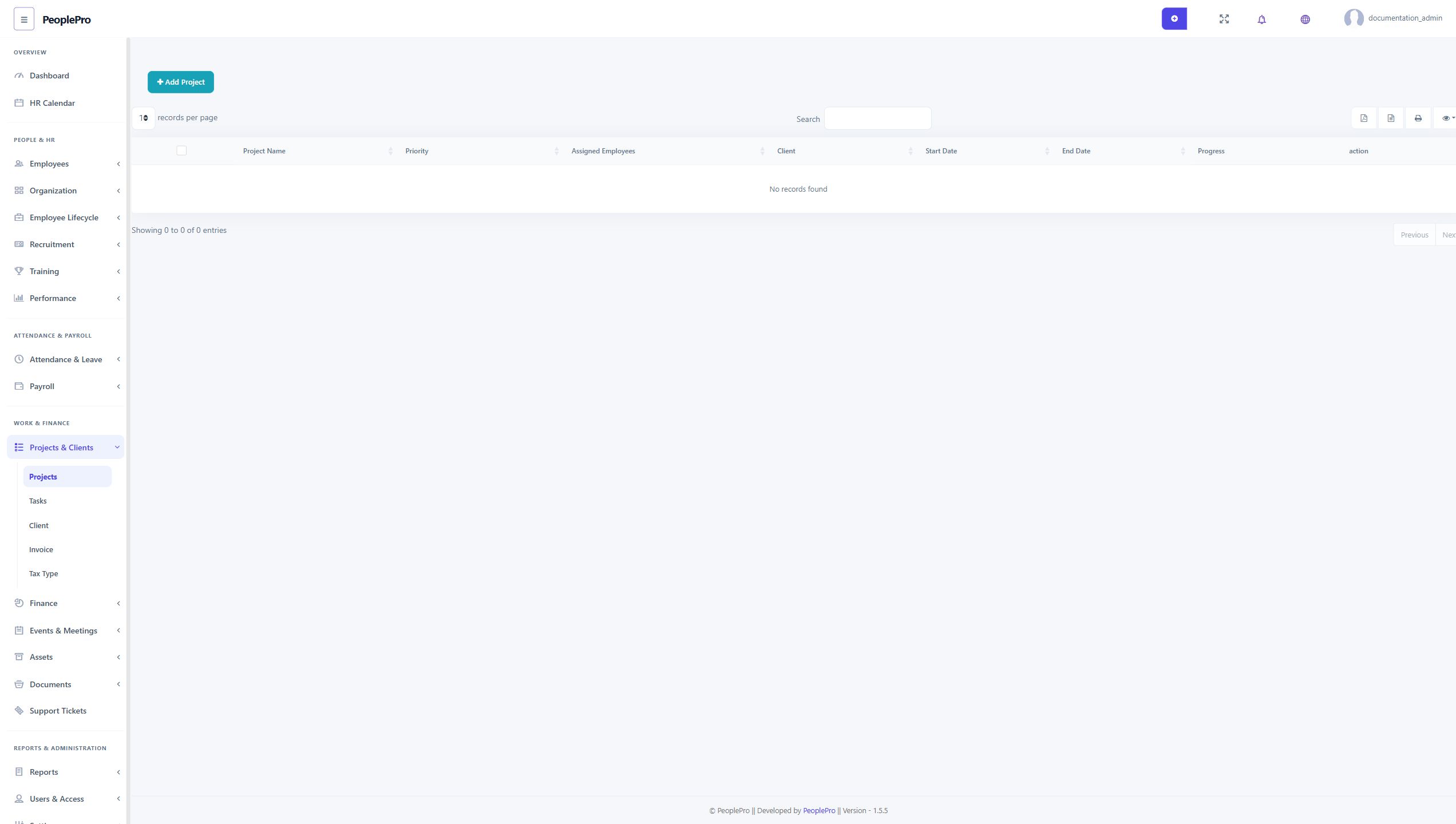 Projects workspace preview with sample data
